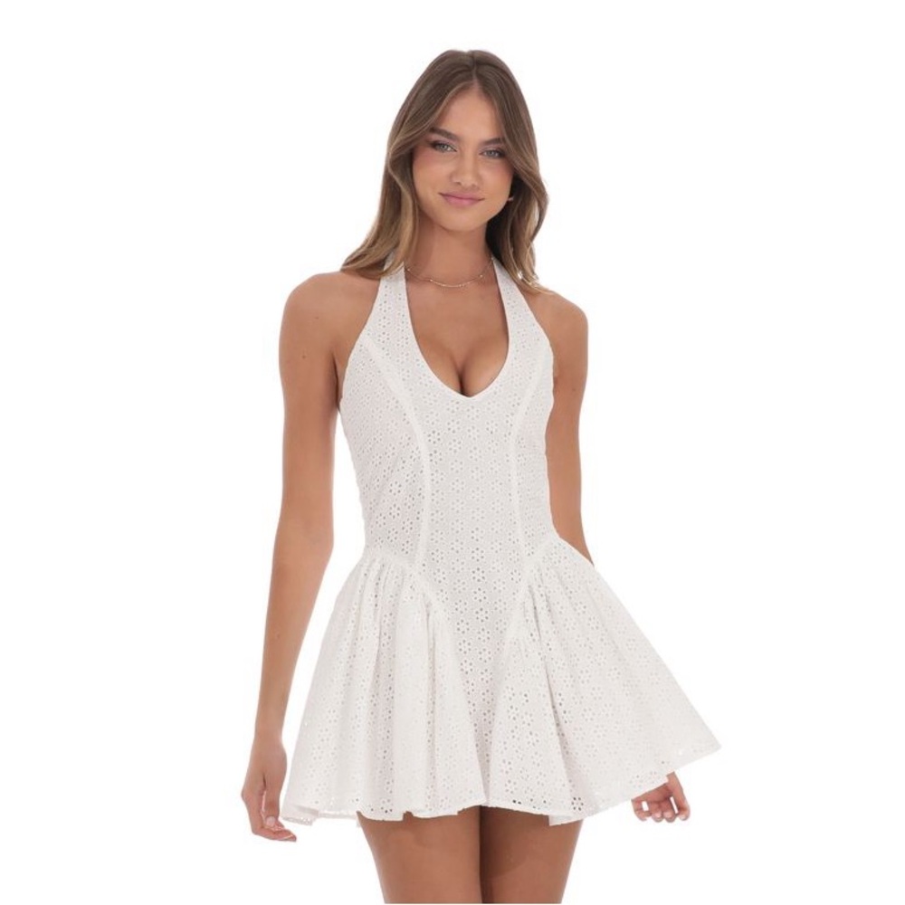 Floral Eyelet Halter Dress in White